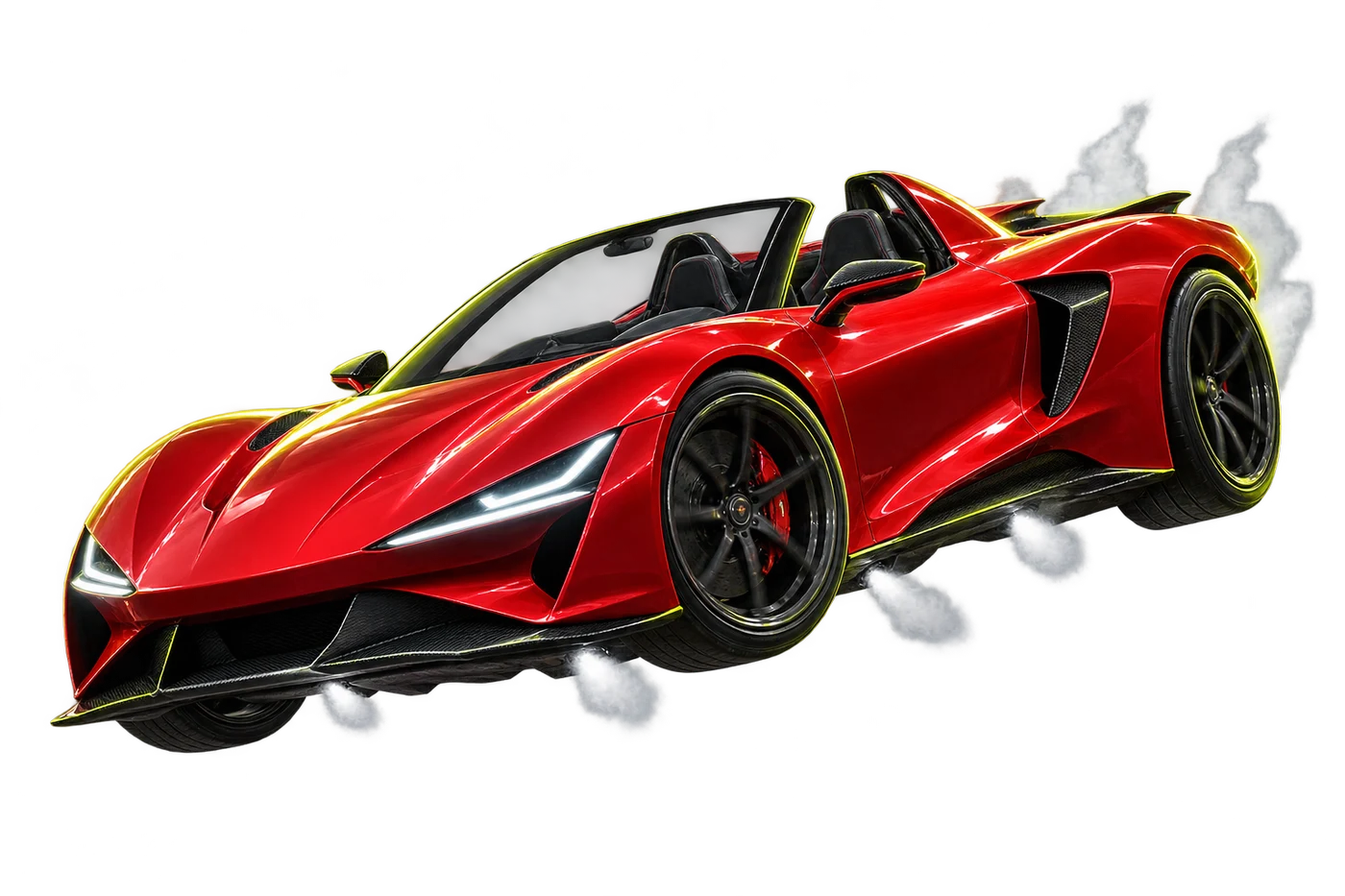 A red Roadster descending on vapor thrusters in a fictional Tesla Roadster AI video stunt